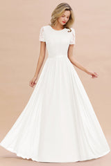 Modest Burgundy Chiffon Bridesmaid Dress Short Sleeves Lace Aline Evening Dress with Sash