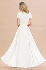 Modest Burgundy Chiffon Bridesmaid Dress Short Sleeves Lace Aline Evening Dress with Sash