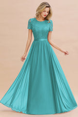 Modest Burgundy Chiffon Bridesmaid Dress Short Sleeves Lace Aline Evening Dress with Sash
