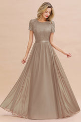 Modest Burgundy Chiffon Bridesmaid Dress Short Sleeves Lace Aline Evening Dress with Sash