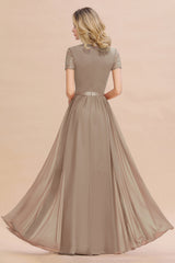 Modest Burgundy Chiffon Bridesmaid Dress Short Sleeves Lace Aline Evening Dress with Sash