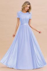 Modest Burgundy Chiffon Bridesmaid Dress Short Sleeves Lace Aline Evening Dress with Sash