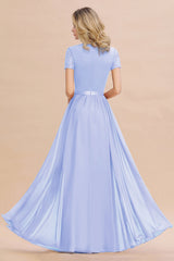 Modest Burgundy Chiffon Bridesmaid Dress Short Sleeves Lace Aline Evening Dress with Sash