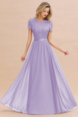 Modest Burgundy Chiffon Bridesmaid Dress Short Sleeves Lace Aline Evening Dress with Sash
