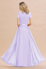Modest Burgundy Chiffon Bridesmaid Dress Short Sleeves Lace Aline Evening Dress with Sash