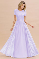Modest Burgundy Chiffon Bridesmaid Dress Short Sleeves Lace Aline Evening Dress with Sash