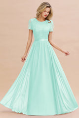 Modest Burgundy Chiffon Bridesmaid Dress Short Sleeves Lace Aline Evening Dress with Sash