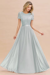 Modest Burgundy Chiffon Bridesmaid Dress Short Sleeves Lace Aline Evening Dress with Sash