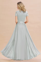 Modest Burgundy Chiffon Bridesmaid Dress Short Sleeves Lace Aline Evening Dress with Sash