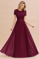 Modest Burgundy Chiffon Bridesmaid Dress Short Sleeves Lace Aline Evening Dress with Sash