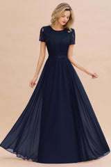 Modest Burgundy Chiffon Bridesmaid Dress Short Sleeves Lace Aline Evening Dress with Sash