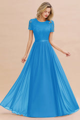 Modest Burgundy Chiffon Bridesmaid Dress Short Sleeves Lace Aline Evening Dress with Sash