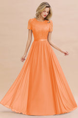 Modest Burgundy Chiffon Bridesmaid Dress Short Sleeves Lace Aline Evening Dress with Sash