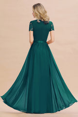 Modest Burgundy Chiffon Bridesmaid Dress Short Sleeves Lace Aline Evening Dress with Sash