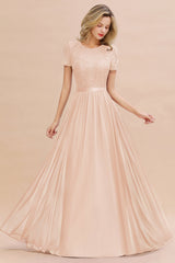 Modest Burgundy Chiffon Bridesmaid Dress Short Sleeves Lace Aline Evening Dress with Sash