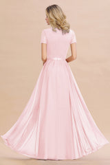 Modest Burgundy Chiffon Bridesmaid Dress Short Sleeves Lace Aline Evening Dress with Sash