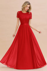 Modest Burgundy Chiffon Bridesmaid Dress Short Sleeves Lace Aline Evening Dress with Sash