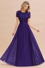 Modest Burgundy Chiffon Bridesmaid Dress Short Sleeves Lace Aline Evening Dress with Sash