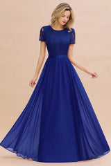 Modest Burgundy Chiffon Bridesmaid Dress Short Sleeves Lace Aline Evening Dress with Sash
