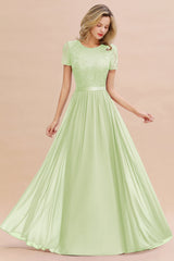 Modest Burgundy Chiffon Bridesmaid Dress Short Sleeves Lace Aline Evening Dress with Sash