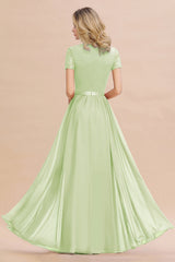 Modest Burgundy Chiffon Bridesmaid Dress Short Sleeves Lace Aline Evening Dress with Sash