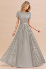 Modest Burgundy Chiffon Bridesmaid Dress Short Sleeves Lace Aline Evening Dress with Sash