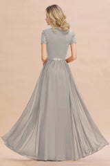 Modest Burgundy Chiffon Bridesmaid Dress Short Sleeves Lace Aline Evening Dress with Sash