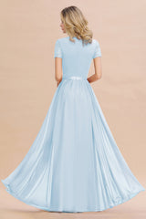 Modest Burgundy Chiffon Bridesmaid Dress Short Sleeves Lace Aline Evening Dress with Sash