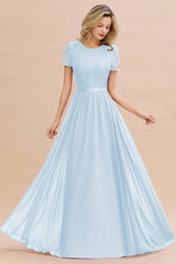 Modest Burgundy Chiffon Bridesmaid Dress Short Sleeves Lace Aline Evening Dress with Sash