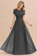 Modest Burgundy Chiffon Bridesmaid Dress Short Sleeves Lace Aline Evening Dress with Sash