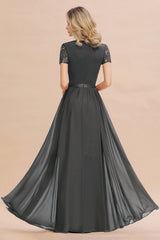 Modest Burgundy Chiffon Bridesmaid Dress Short Sleeves Lace Aline Evening Dress with Sash