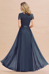 Modest Burgundy Chiffon Bridesmaid Dress Short Sleeves Lace Aline Evening Dress with Sash