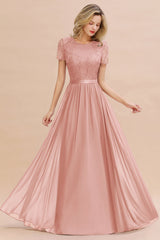 Modest Burgundy Chiffon Bridesmaid Dress Short Sleeves Lace Aline Evening Dress with Sash