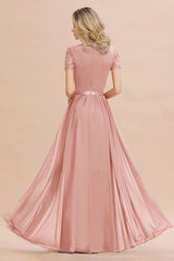 Modest Burgundy Chiffon Bridesmaid Dress Short Sleeves Lace Aline Evening Dress with Sash