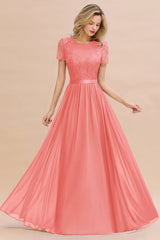 Modest Burgundy Chiffon Bridesmaid Dress Short Sleeves Lace Aline Evening Dress with Sash