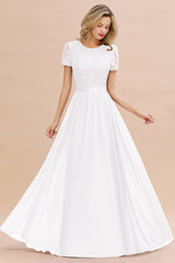 Modest Burgundy Chiffon Bridesmaid Dress Short Sleeves Lace Aline Evening Dress with Sash