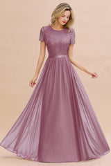 Modest Burgundy Chiffon Bridesmaid Dress Short Sleeves Lace Aline Evening Dress with Sash