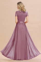 Modest Burgundy Chiffon Bridesmaid Dress Short Sleeves Lace Aline Evening Dress with Sash