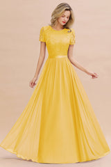 Modest Burgundy Chiffon Bridesmaid Dress Short Sleeves Lace Aline Evening Dress with Sash