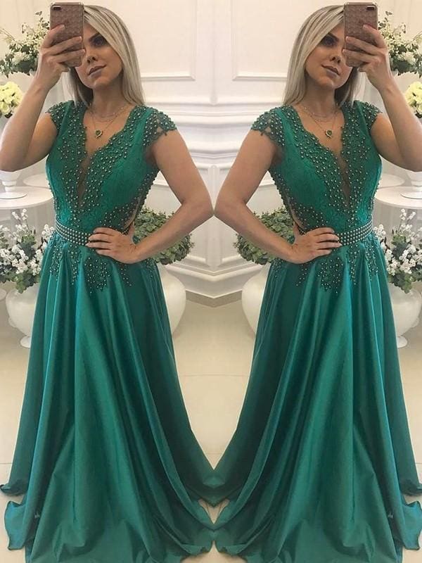 Short Sleeves V-Neck A-line Floor-Length With Beading Satin Dresses