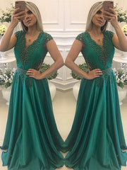Short Sleeves V-Neck A-line Floor-Length With Beading Satin Dresses