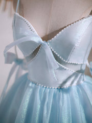 Robes de bal bleu perlées courtes en V, robes de retour formelles du cou bleu en V bleu