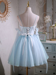 Robes de bal bleu perlées courtes en V, robes de retour formelles du cou bleu en V bleu