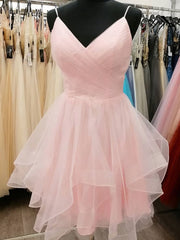 Robes de bal rose courte en V, Robes de cocktails de remise de graduation rose en V rose