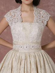 Short Wedding Dress Lace Champagne Vintage Bridal Dress Ball Gown Beading Backless Tea-Length Bridal Gown With Sash