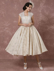 Short Wedding Dress Lace Champagne Vintage Bridal Dress Ball Gown Beading Backless Tea-Length Bridal Gown With Sash