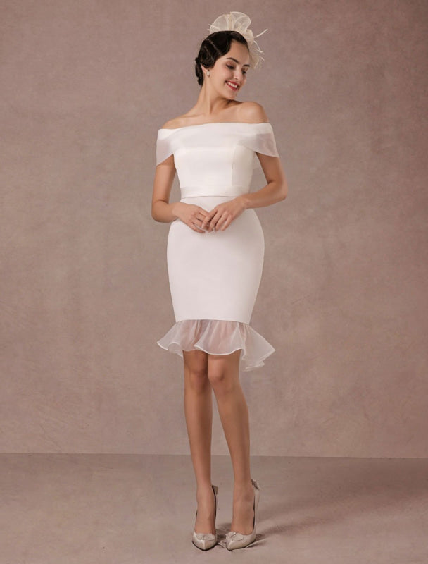 Short Wedding Dress Mermaid Off-The-Shoulder Satin Vintage Ruffles Mini Bridal Summer Wedding Dresses