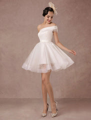 Short Wedding Dress Organza One-Shoulder A-Line Backless Satin Mini Summer Wedding Dresses