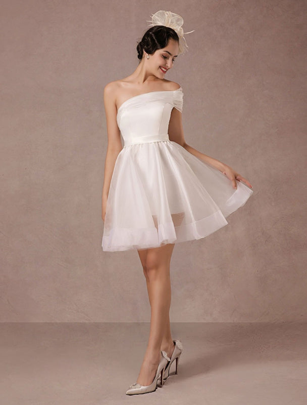 Short Wedding Dress Organza One-Shoulder A-Line Backless Satin Mini Summer Wedding Dresses