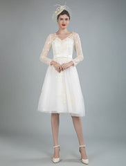 Short Wedding Dress Tulle Knee Length V Neck Long Sleeves A Line Natural Waist Bridal Gowns Exclusive